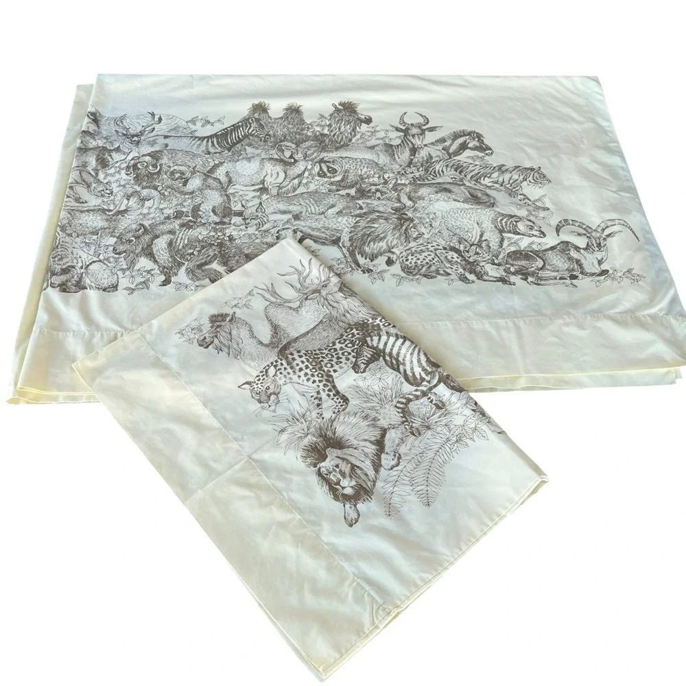Vintage 1970s Safari Jungle Animals Sheet Set Carlin Comfort Yellow USA Twin XL